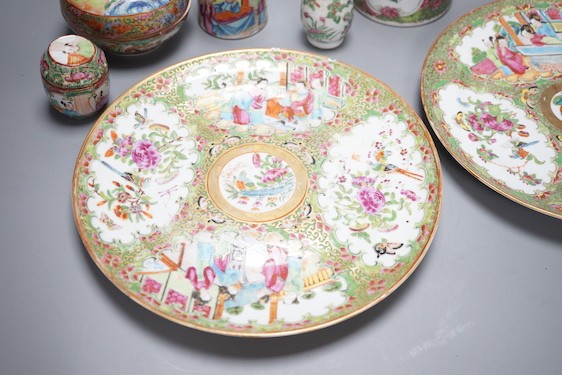 A group of 19th century Chinese canton wares including a sleeve vase, boxes, dishes etc.